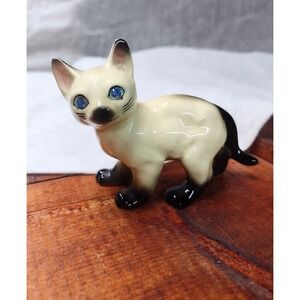 Vintage Siamese‎ Cat Kitten Figurine Blue Rhinestone Eyes Ceramic Standing